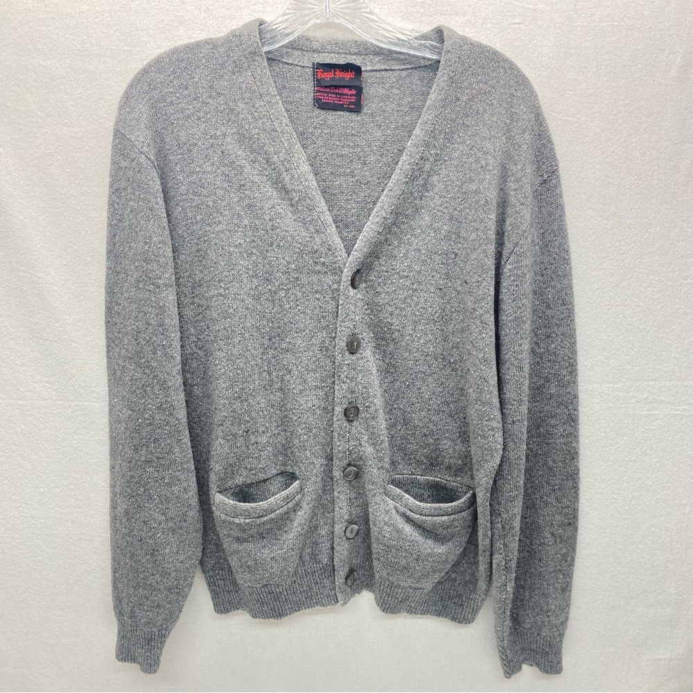 Vintage Royal Knight LambsWool Blend Mens Button Up Cardigan Sweater Pockets